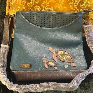 Chala Sweet Messenger Teal and Dark Brown Shoulder Bag with Turtle Accents New
